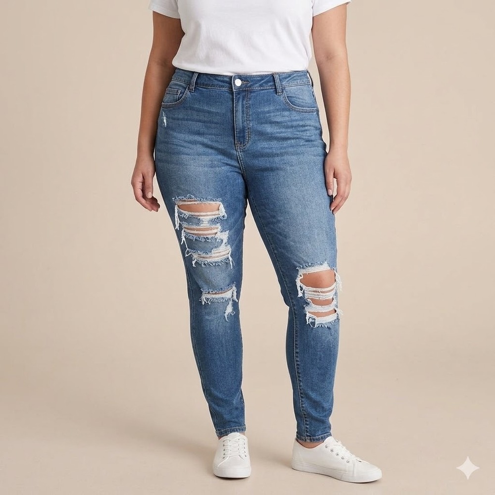 Ms. Cello Heavily Distressed High Rise Skinny Jeans 16 Blue